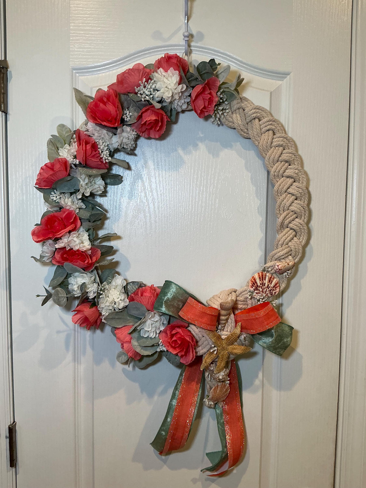 Handmade Coral Rose Coastal Wreath, Rope Nautical Beach Decor, Seashell Starfish Front Door Wreath