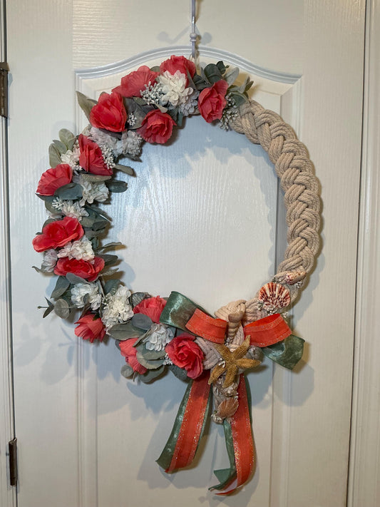 Handmade Coral Rose Coastal Wreath, Rope Nautical Beach Decor, Seashell Starfish Front Door Wreath
