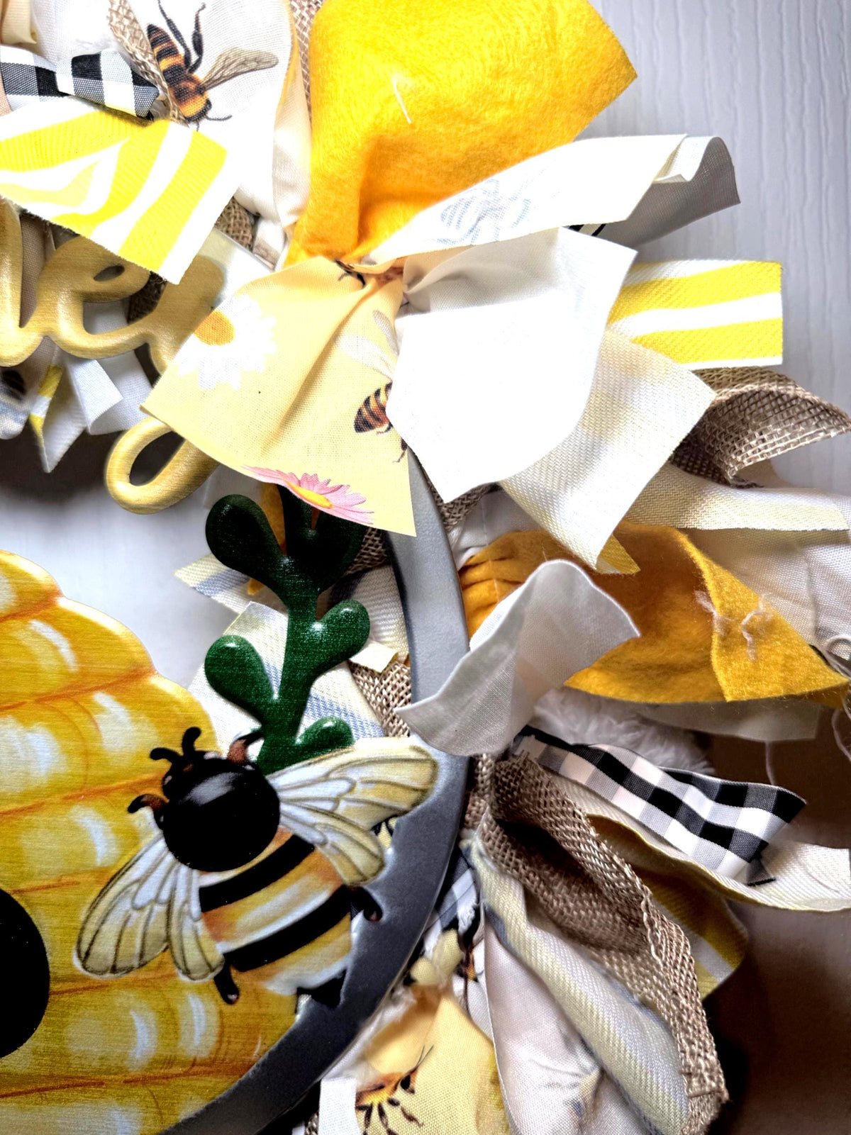 Handcrafted Bee Rag Wreath - Farmhouse Honeycomb Decor