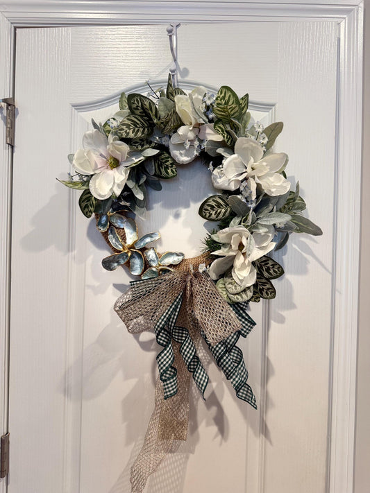 White Magnolia Wreath, Green Gingham Bow, Year-Round Farmhouse Door Decor