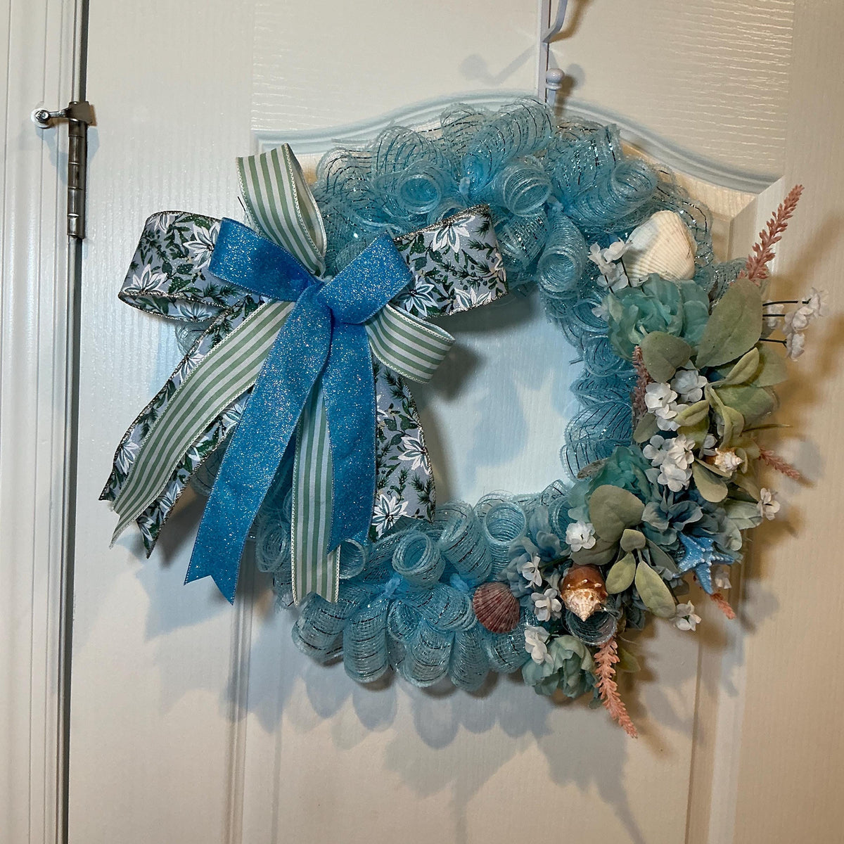 14 Inch Coastal Seashell Wreath for Storm Door with Blue Starfish and Teal Hydrangeas