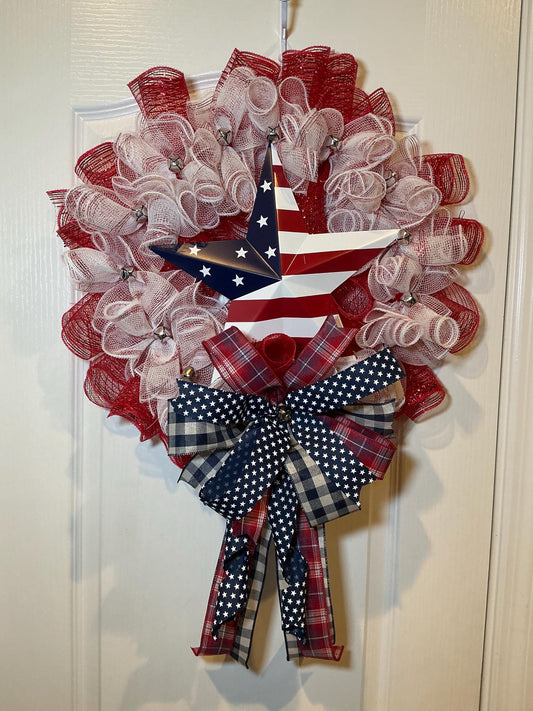 Fourth of July Wreath, American Flag Star, Red White Blue Deco Mesh, Patriotic Door Decor, Memorial Day Independence Day Wreath