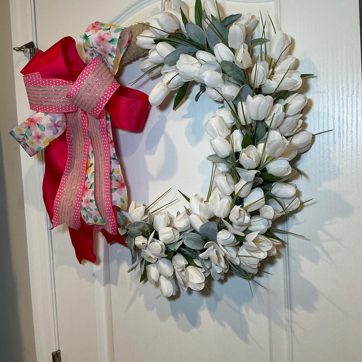 Front Door Wreath, White Tulip Design, Pink Bow Farmhouse Wreath, Floral Decor, Housewarming Gift, Handmade