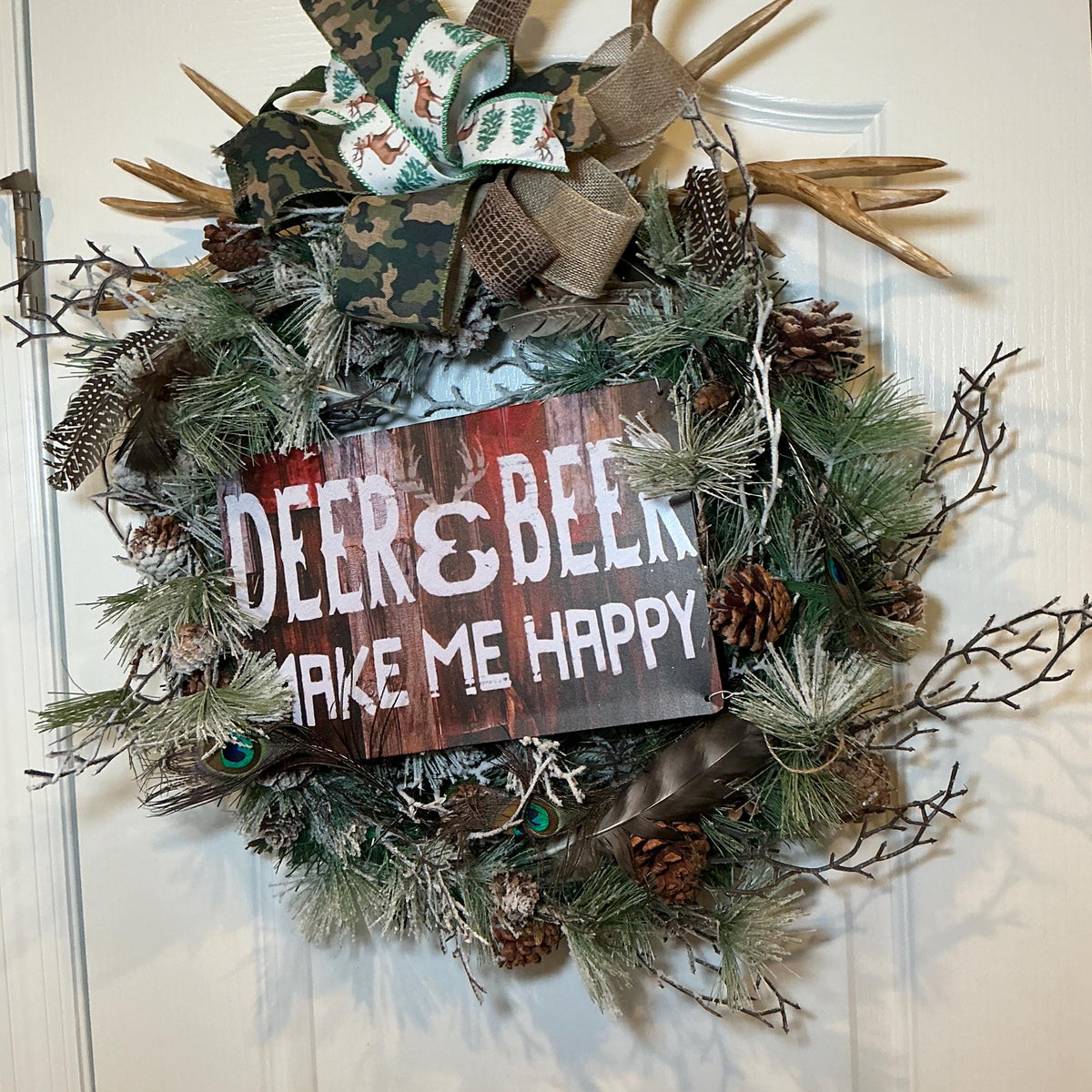Deer and Beer Camo Wreath with Antlers, Hunter Man Cave Decor, Fathers Day Gift