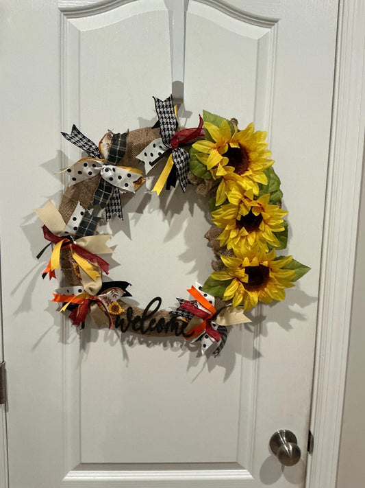 Sunflower Welcome Wreath, 18 Inch Burlap Farmhouse Door Decor for Summer Fall