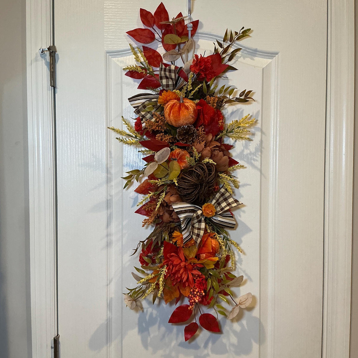 Pumpkin Fall Floral Swag, 28 Inch Buffalo Check Bow Door or Mantel Decor