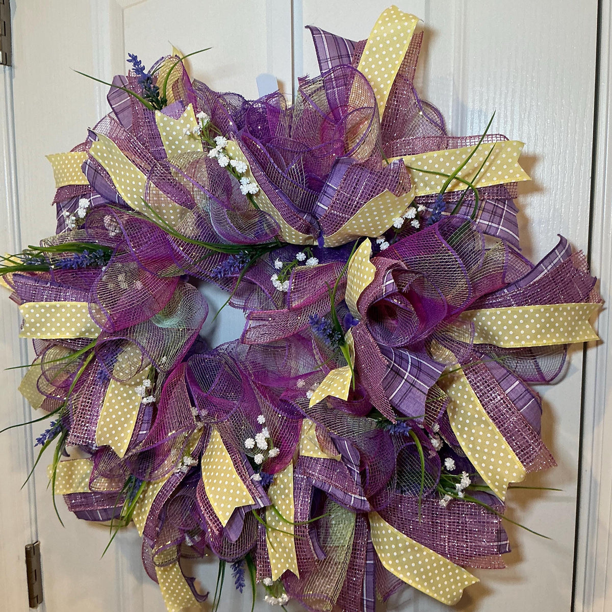 Purple Lavender Wreath, Farmhouse Style, Yellow Polka Dot Ribbon, Baby Breath Accents, 14 Inch