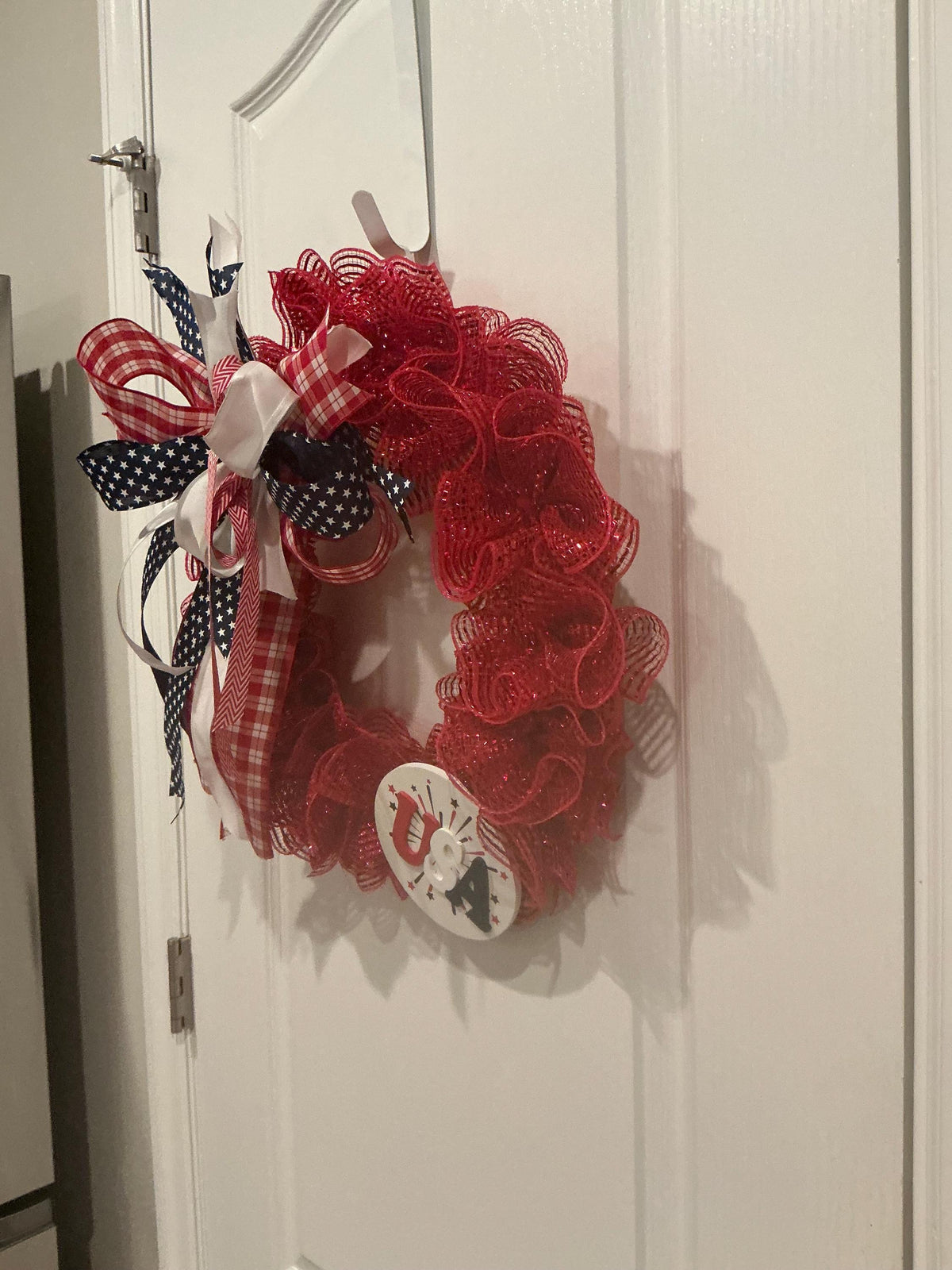 Front Door Wreath, Americana USA Sign, Fourth of July Red White Blue, Red Glitter Mesh, Memorial Day Independence Day Wreath