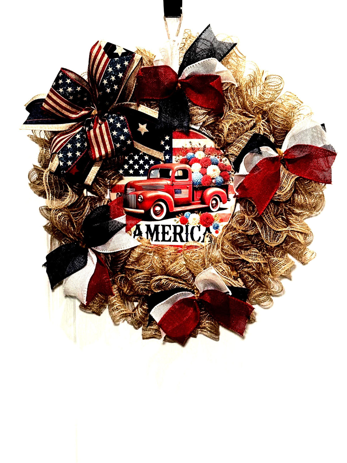 Burlap Red Truck Wreath, Americana Farmhouse Decor, Fourth of July Floral Accent