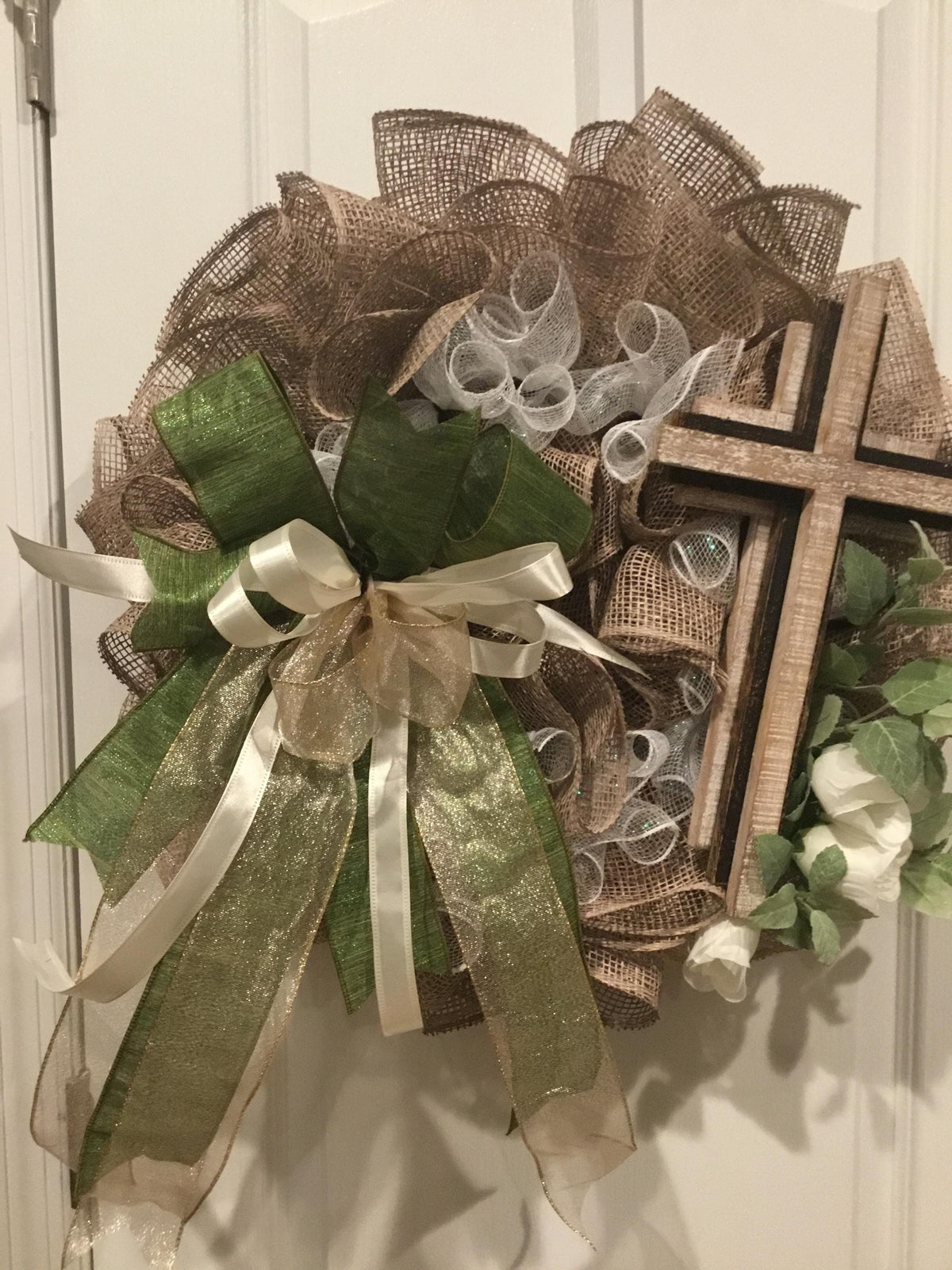 Rustic Burlap Cross Wreath, Farmhouse  Door Decor, White Florals, Green Bow