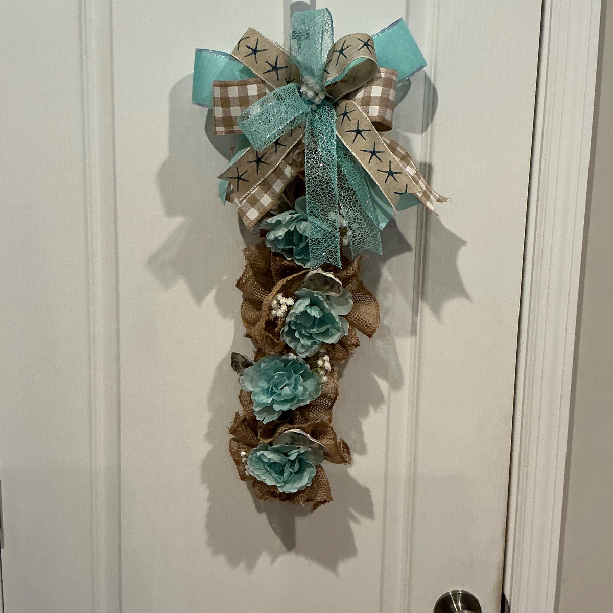 Coastal Beach Swag Wreath, Nautical Starfish Umbrella, Blue Peony Shell Decor