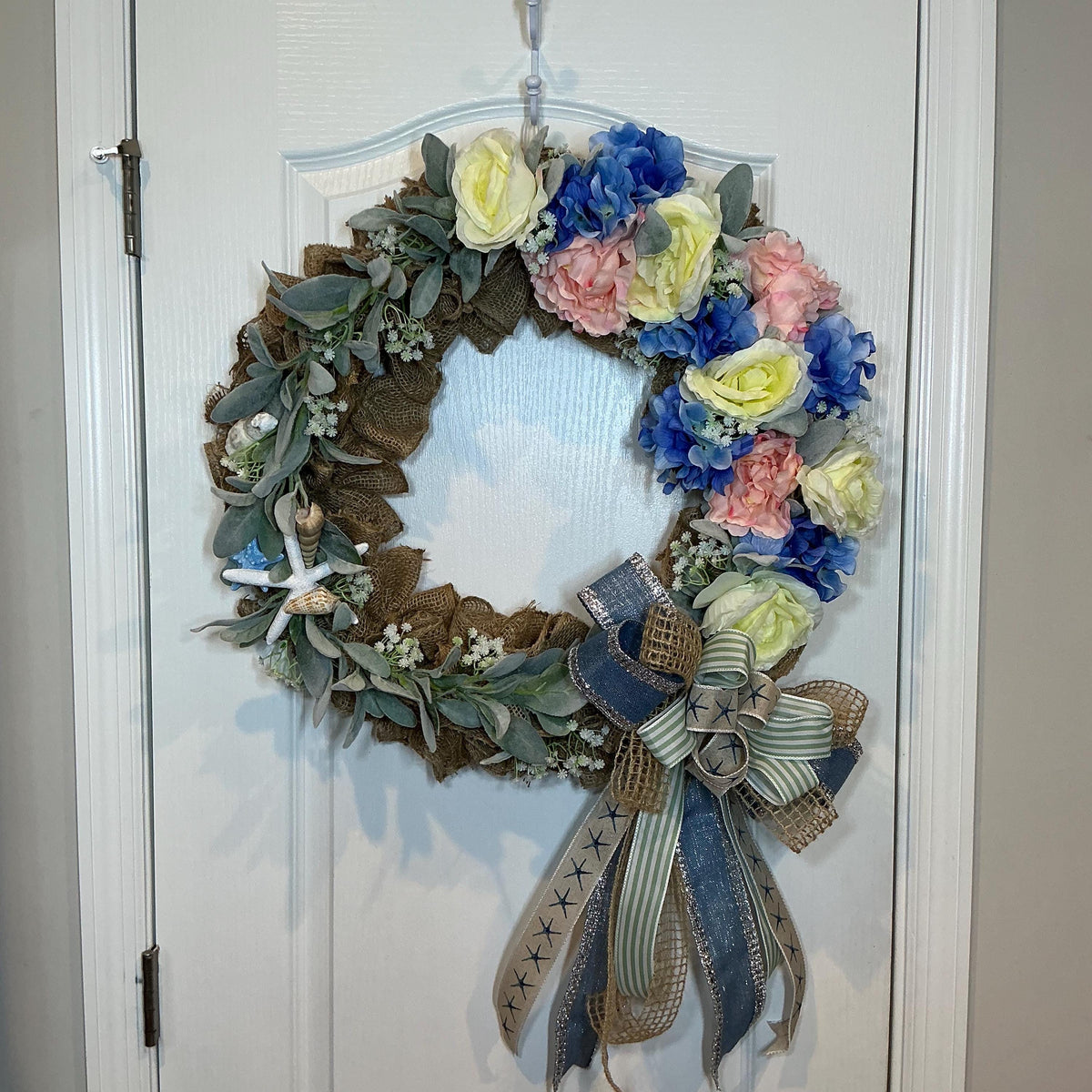 Burlap Hydrangea Coastal Wreath with Seashells, Starfish and Lambs Ear, Front Door Decor