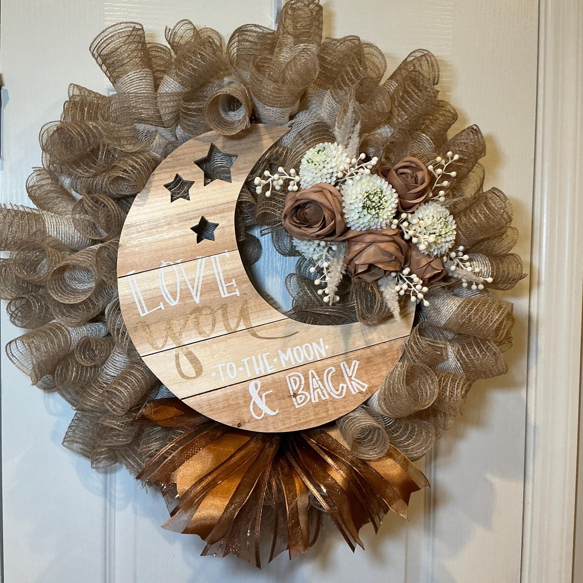 Love You to the Moon Wreath, Farmhouse Front Door Wreath, Burlap Wreath, Caramel Rose Wreath, Wood Moon Sign, Romantic Home Decor