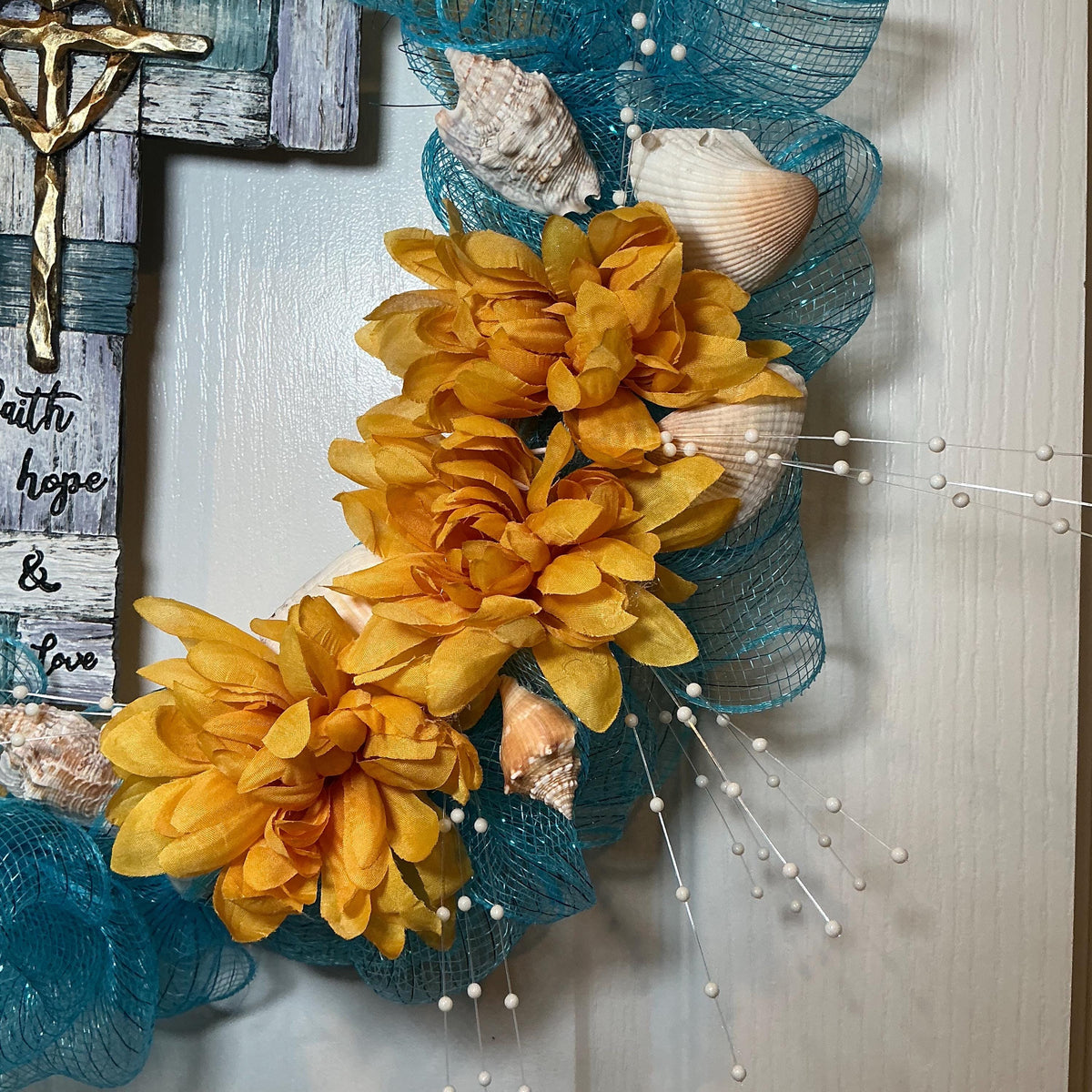 Coastal Faith Wreath, Turquoise Beach Cross Decor, Faith Hope Love Seashell Religious Door Decor.