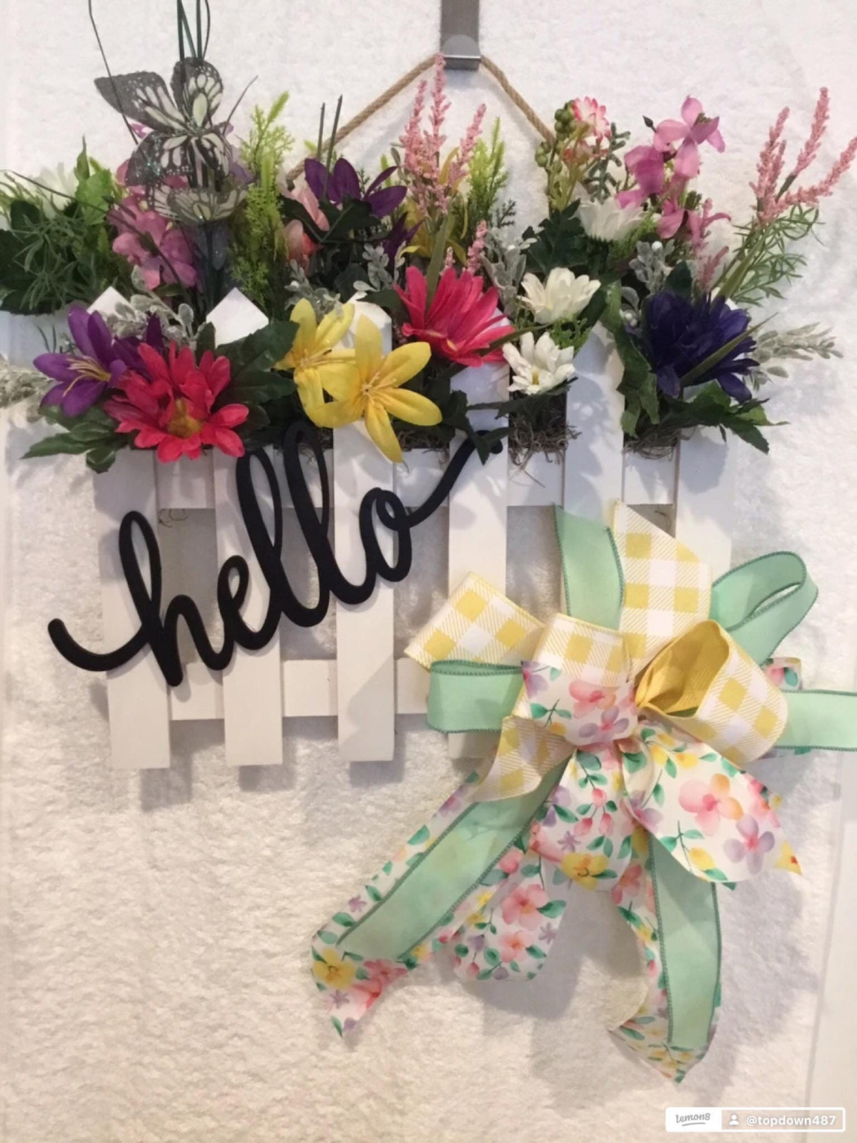 Hello Spring Picket Fence Door Hanger with Florals and Gingham Bow