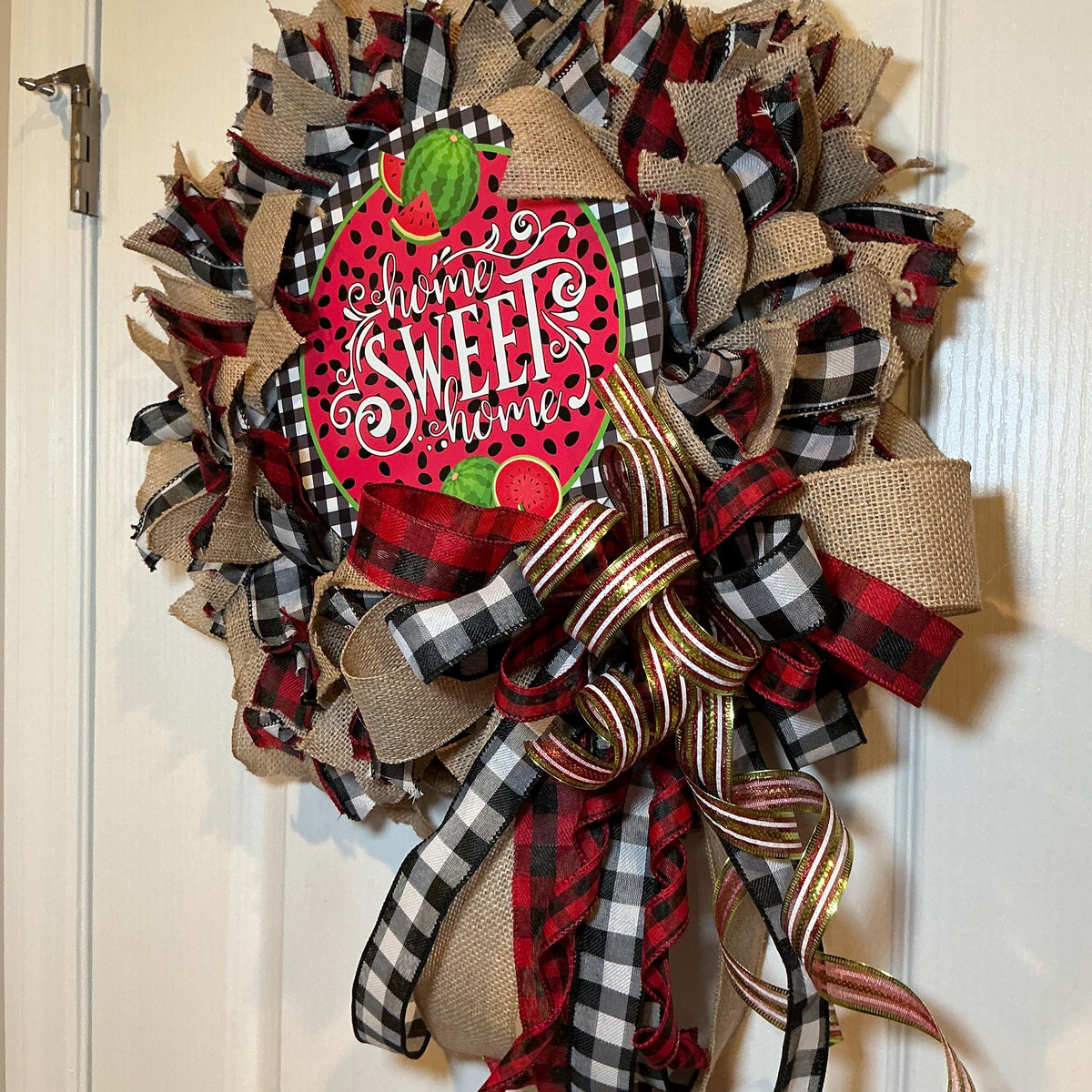 Home Sweet Home Watermelon Wreath with Burlap Buffalo Check, Summer Front Door Decor