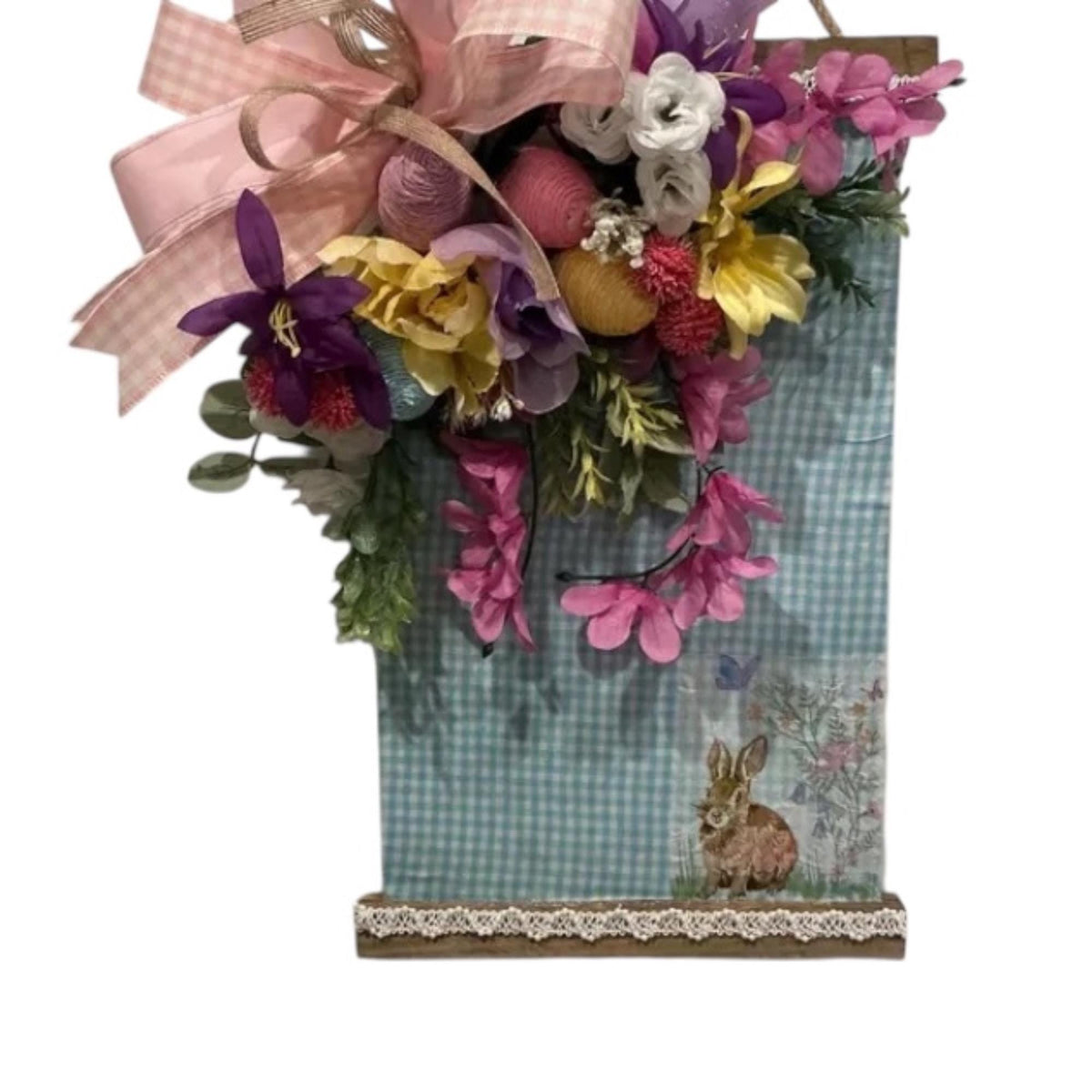 Easter Bunny Door Hanger, Blue Gingham Floral Spring Decor