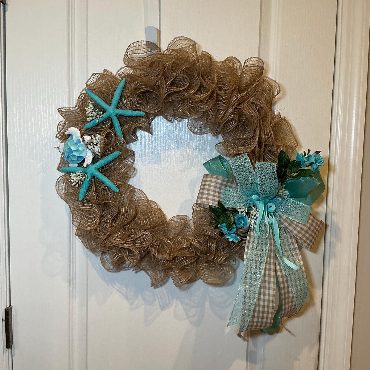 Coastal Burlap Wreath, Sea Turtle Starfish, Teal Beach House Decor, Nautical Summer Door Wreath
