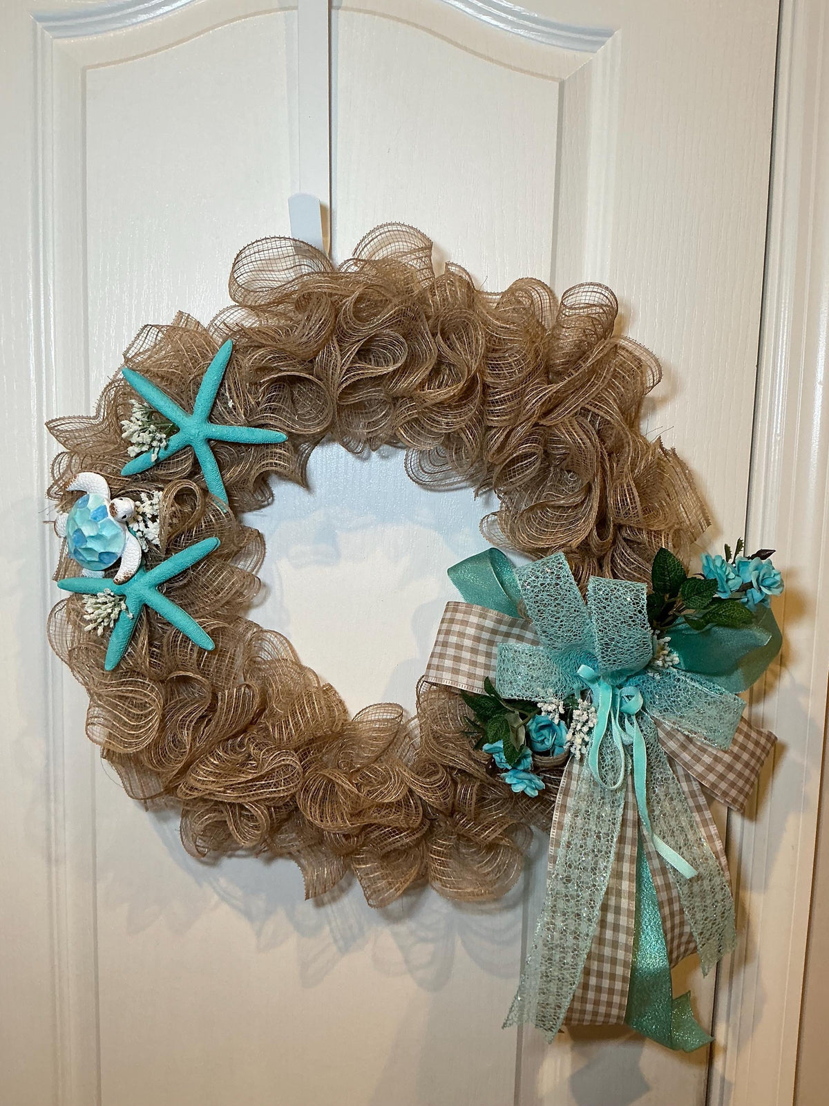 Coastal Burlap Wreath, Sea Turtle Starfish, Teal Beach House Decor, Nautical Summer Door Wreath
