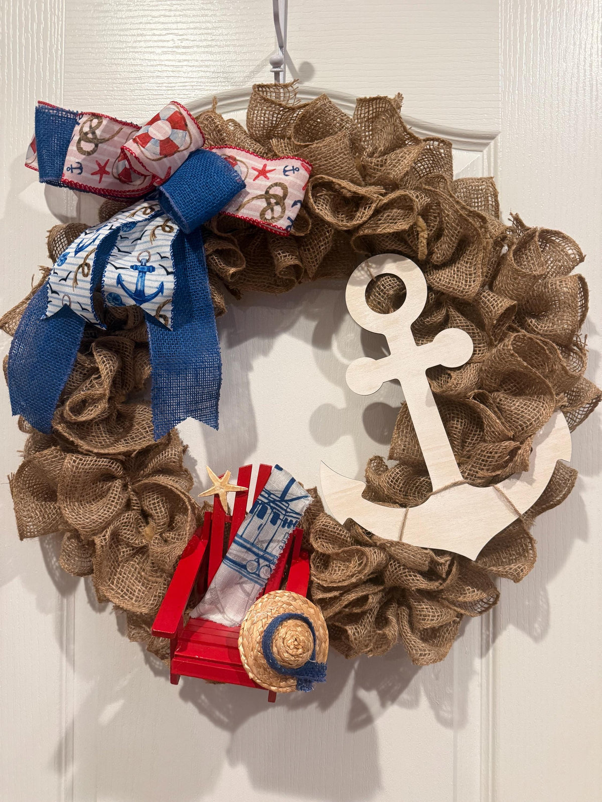 Coastal Burlap Wreath, Nautical Anchor, Adirondack Chair, Beach House Decor