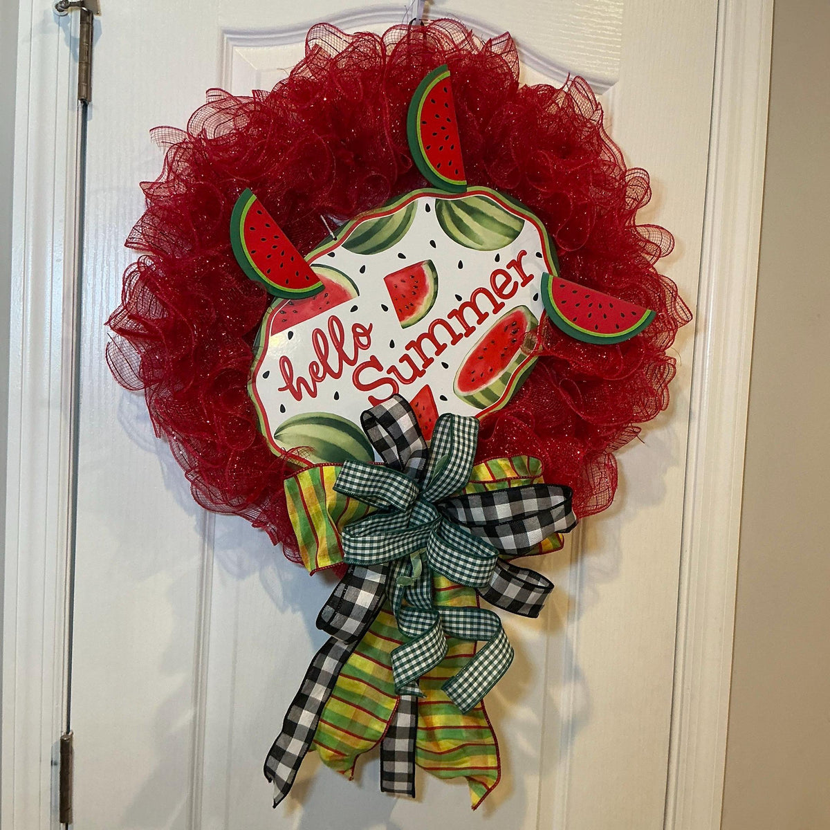 Watermelon Wreath, Hello Summer Door Decor, Buffalo Check Bow, Farmhouse Porch Accent