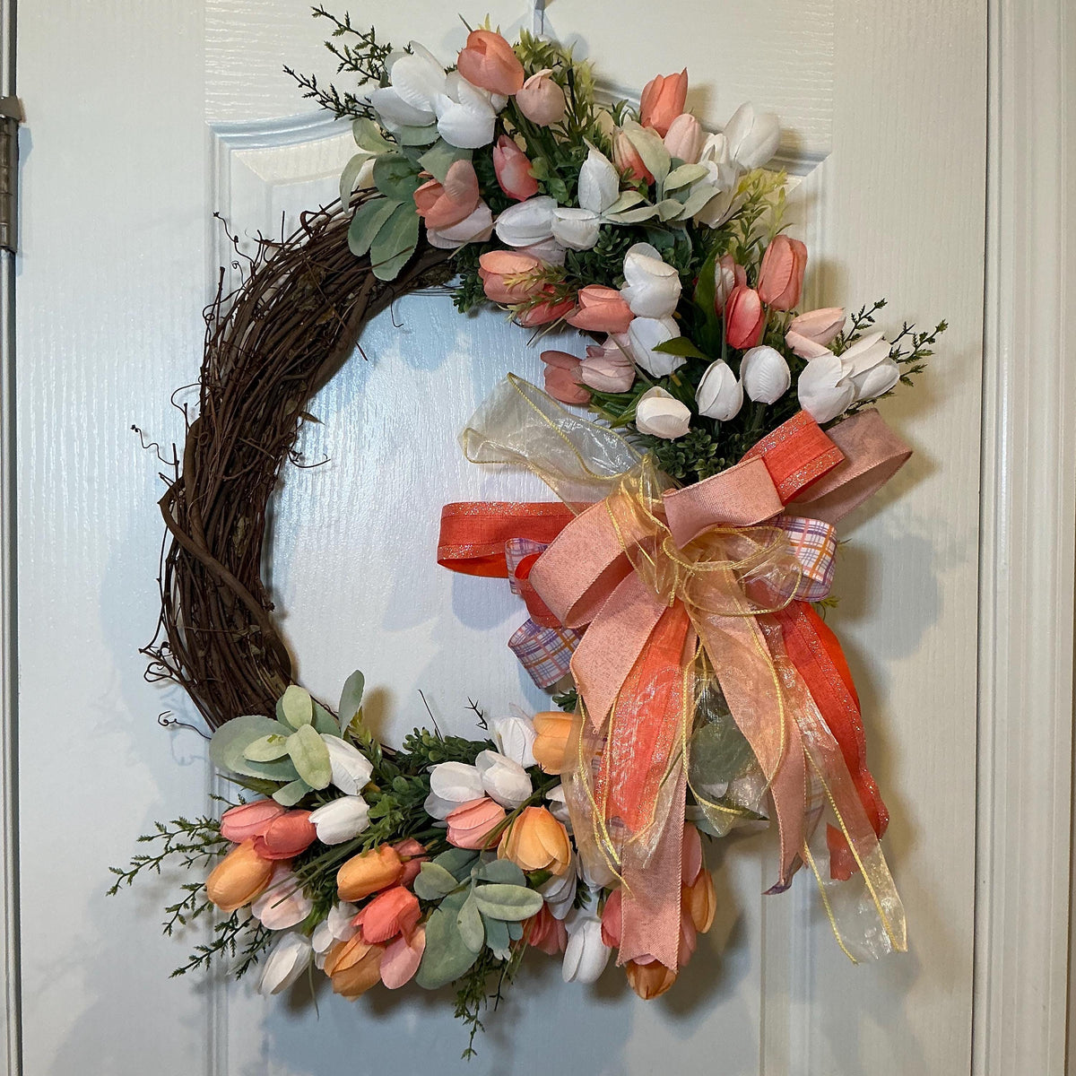 Grapevine Tulip Wreath, Peach Coral Spring Decor, Farmhouse Front Door Accent, Gold Ribbon Bow