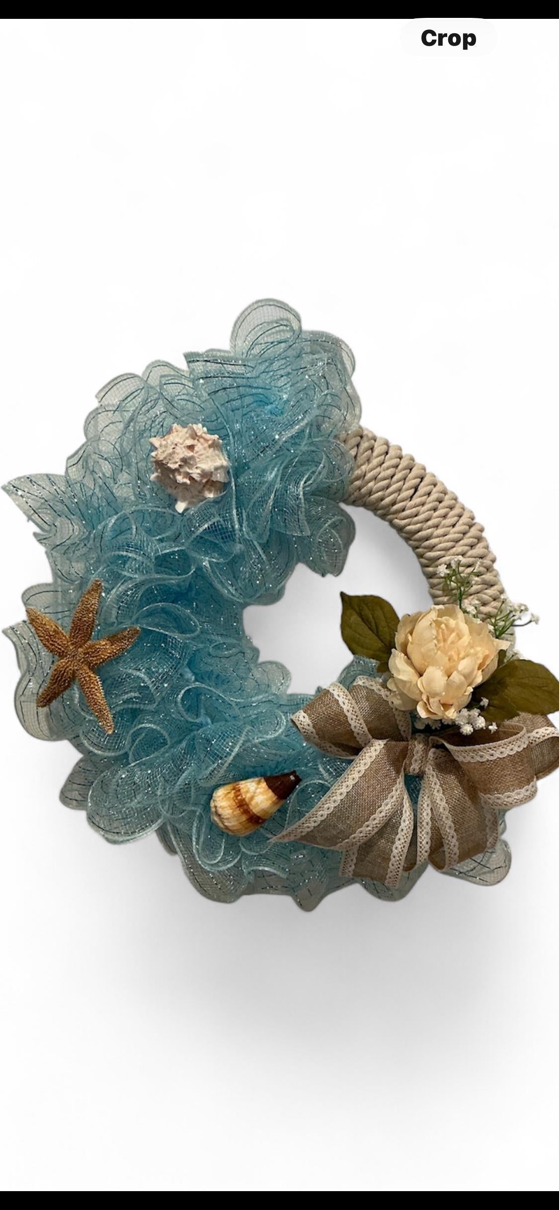 Coastal Beach Wreath with Seashells, Starfish, Rope, Burlap Bow – Front Door Decor