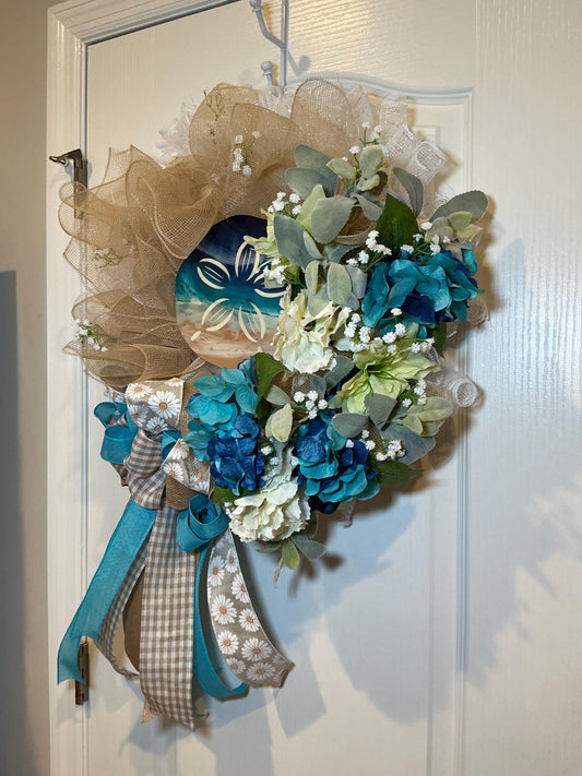 Coastal Sand Dollar Wreath, Blue Teal Hydrangea Beach Decor, Lambs Ear Summer Wreath