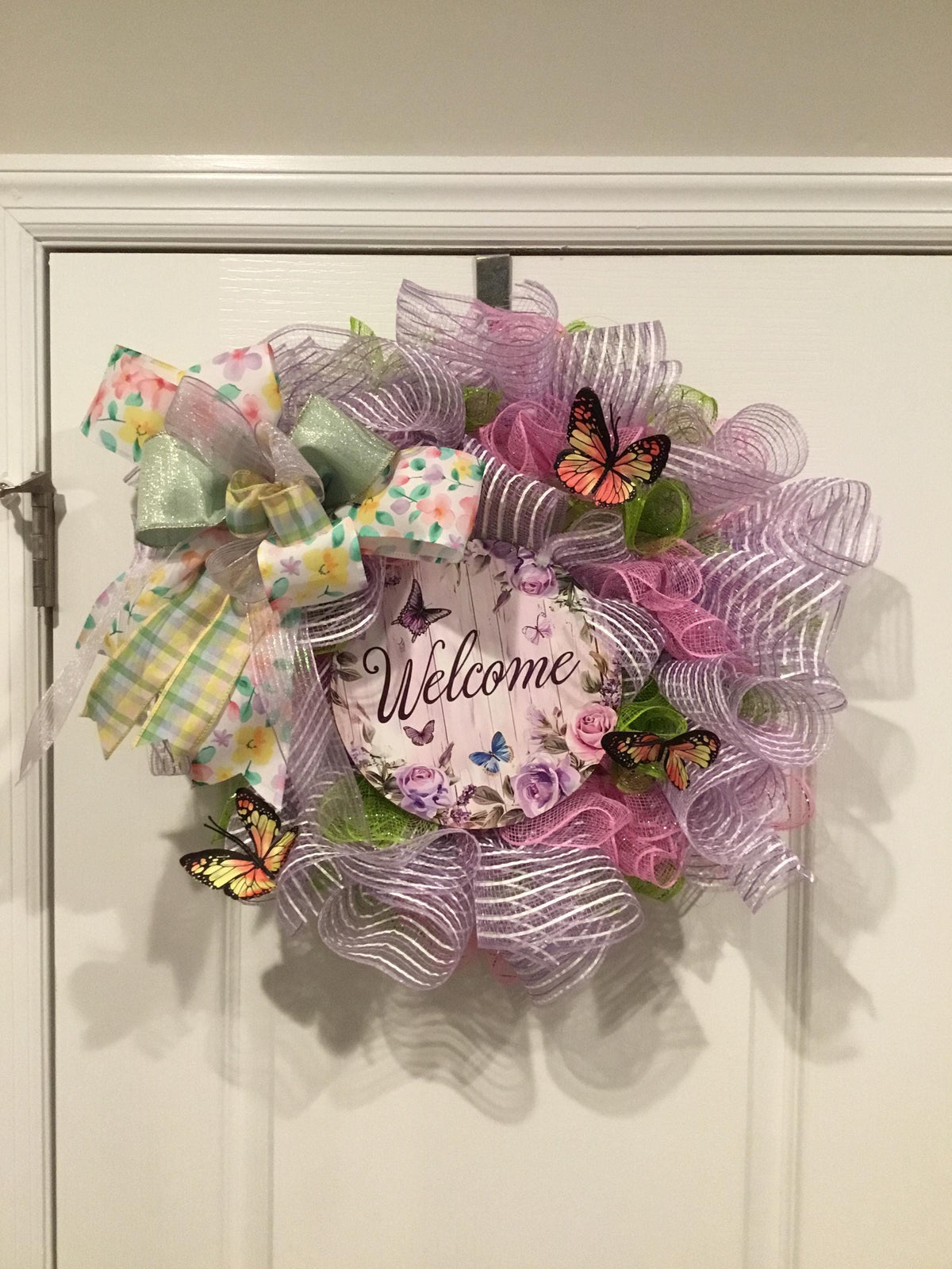 Spring Butterfly Wreath, Pink Green Purple Stripes, Mother's Day Decor