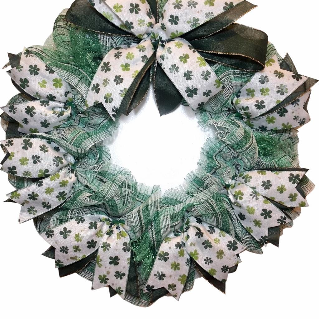 This Oldie but Goodie 16 inch Wreath / Plaid mesh with Shamrock Ribbon bow and Irish door decor