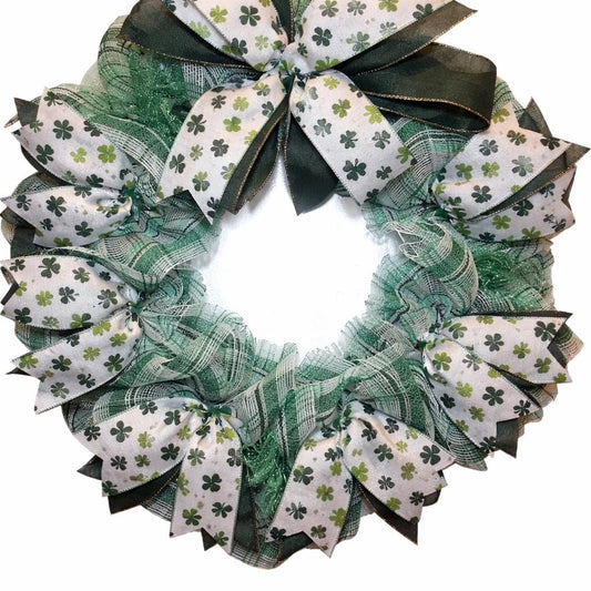 This Oldie but Goodie 16 inch Wreath / Plaid mesh with Shamrock Ribbon bow and Irish door decor