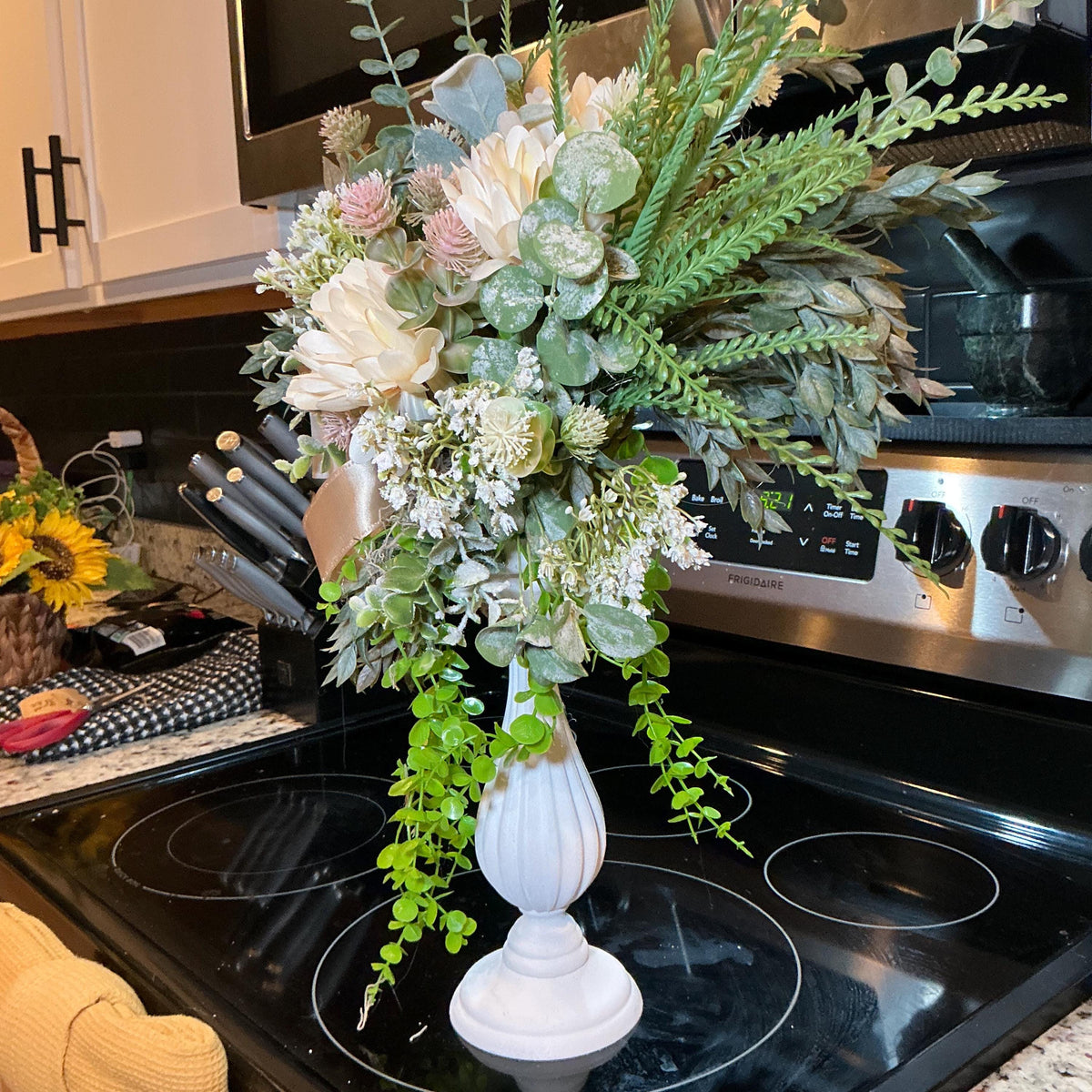Floral Pedestal Arrangement, Cream Dahlias, Eucalyptus, Trailing Vine, Champagne Bow