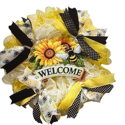 Sunflower Bee Wreath with Polka Dot Ribbon, Farmhouse Summer Front Door Decor