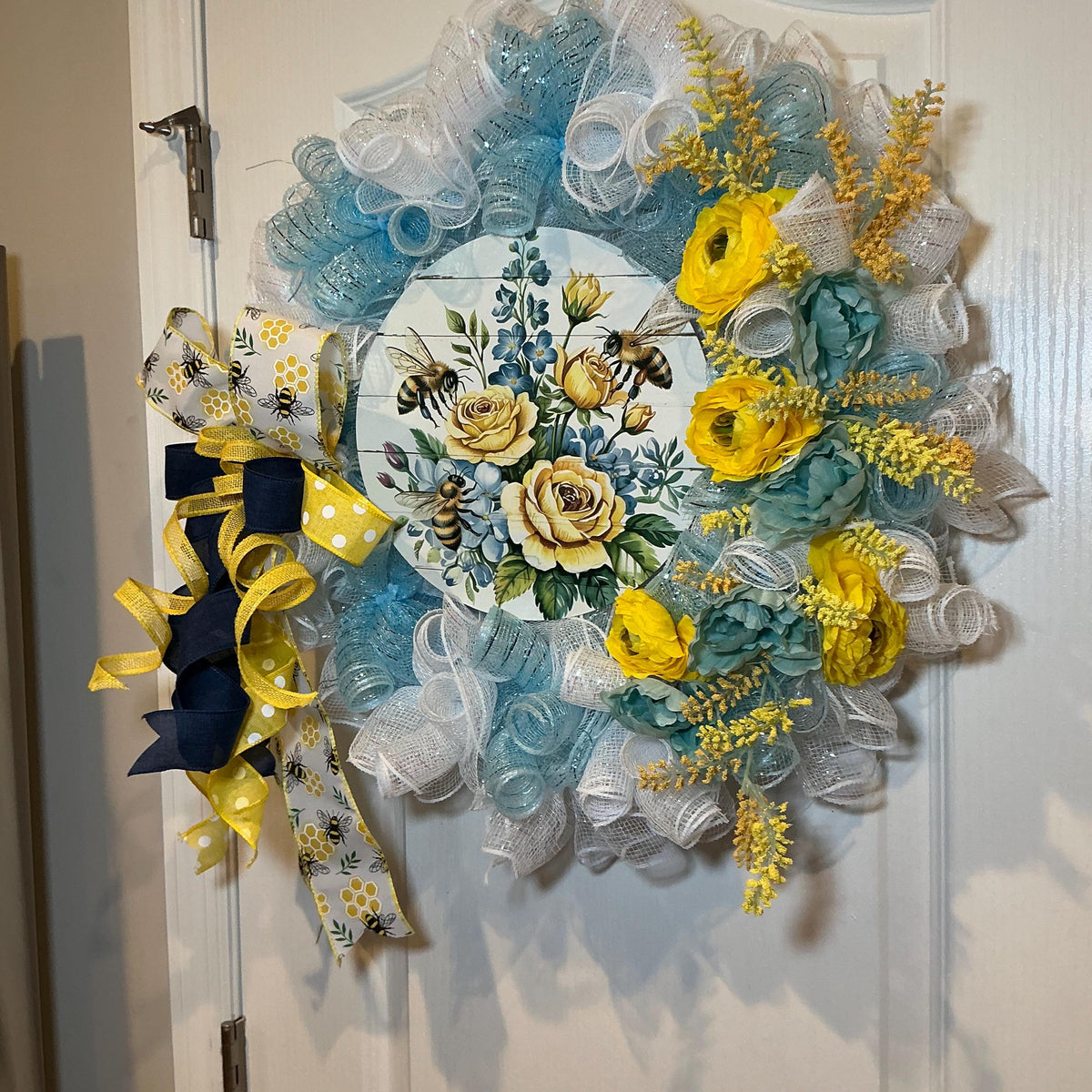 Bee Wreath for Front Door, Honeybee Floral Sign, Yellow Blue Summer Decor, Handmade
