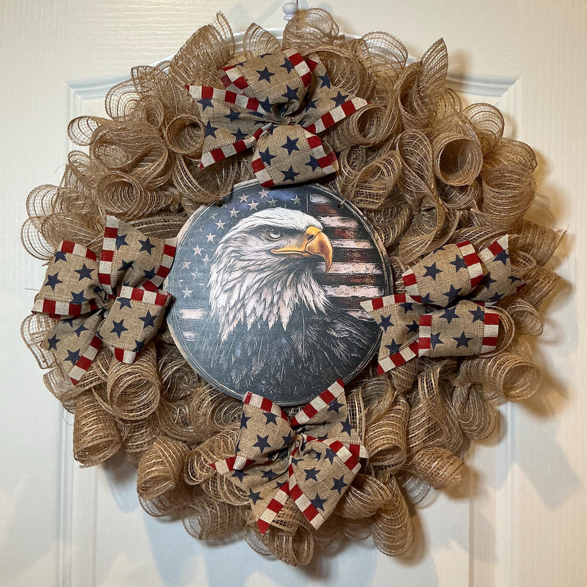Eagle Portrait Medallion Wreath, Farmhouse Burlap Americana, Fourth of July American Flag Decor