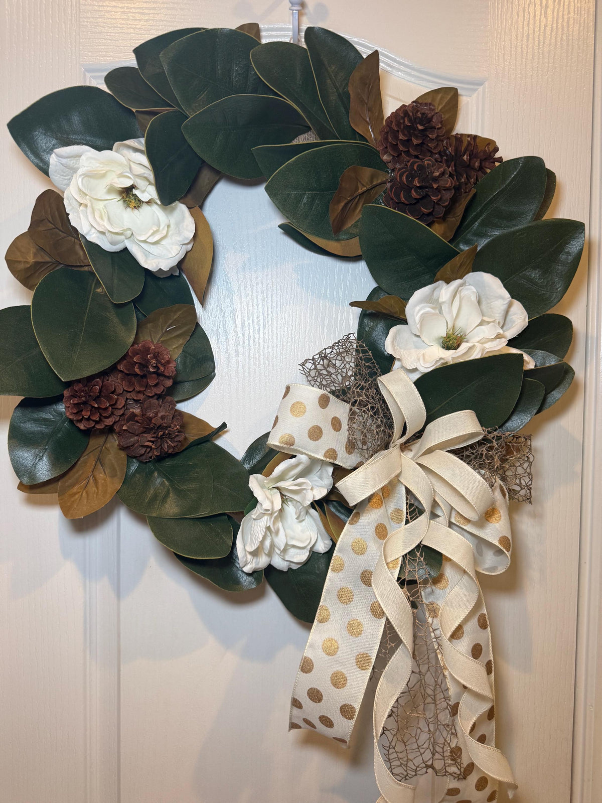Magnolia Farmhouse Wreath, Everyday Front Door Decor, White Floral Pinecone Wreath, Rustic Year Round Accent, 18 Inch Door Wreath