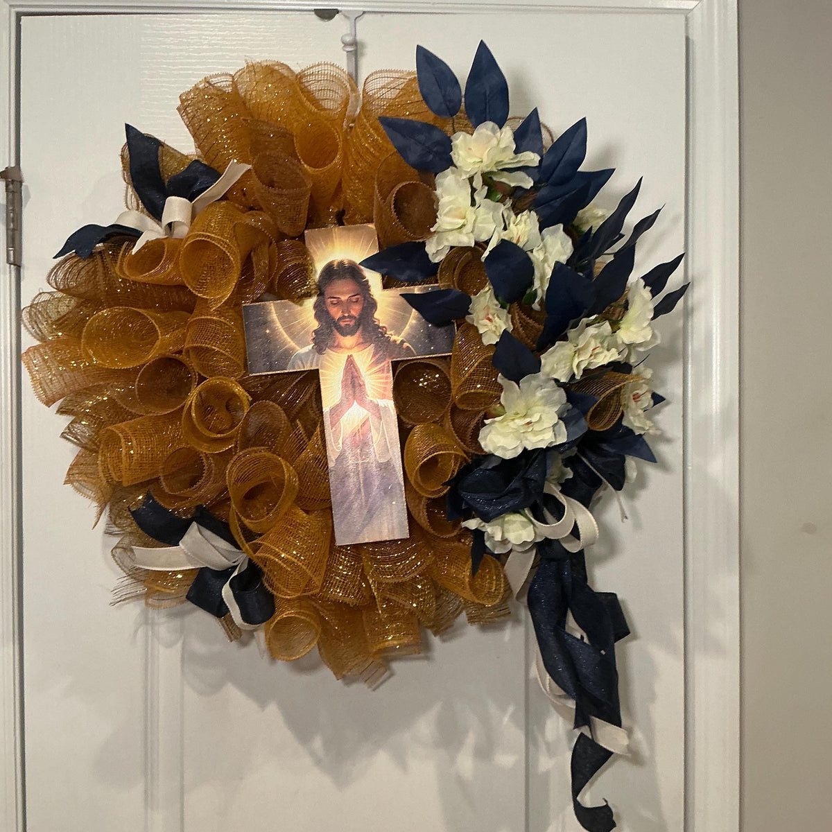 Sacred Heart of Jesus Wreath, Gold Mesh Cross Wreath, Navy Blue Religious Front Door Decor, Christian Faith Wreath, Catholic Gift Wreath
