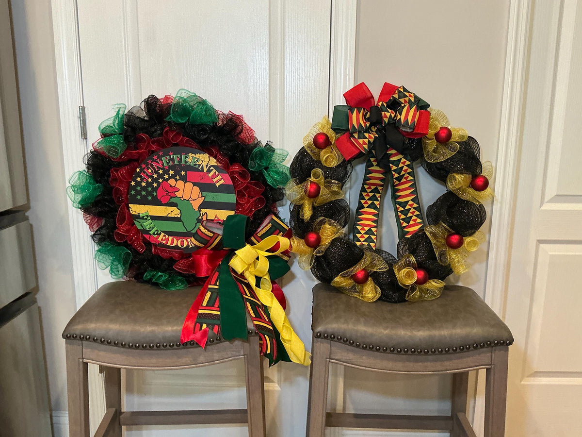 Juneteenth Bundle Set of 2, Freedom Day Sign Wreath and Kente Gold Wreath, Pan African Decor, Handmade Gift