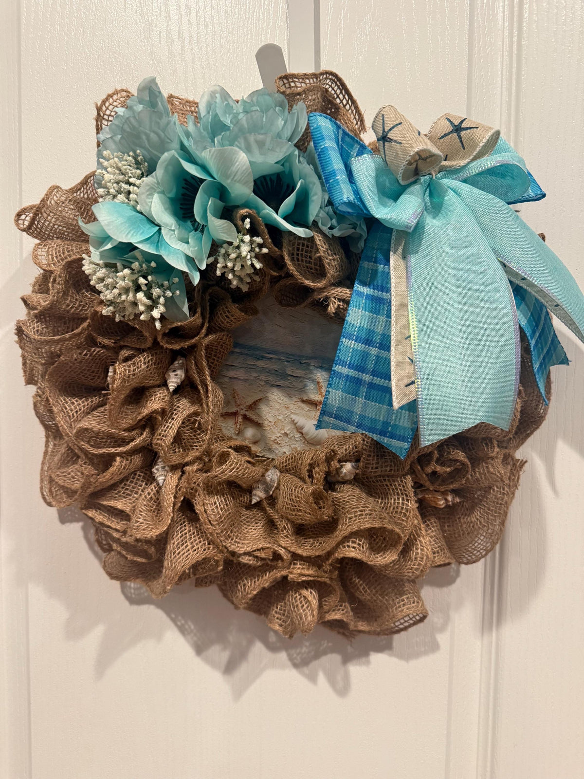 Coastal Burlap Wreath, Teal Aqua Seashell Sign, Nautical Beach Door Decor
