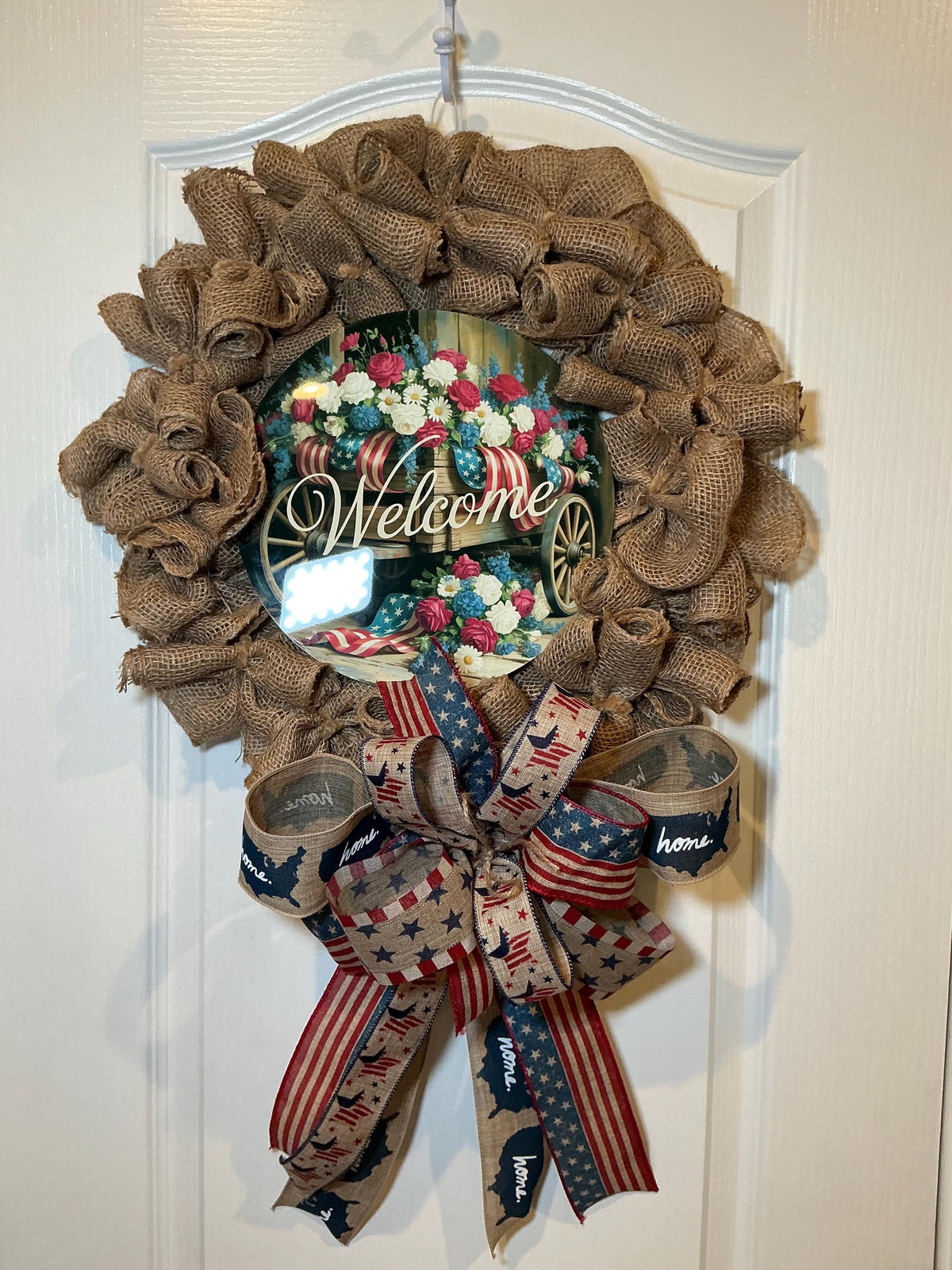 Wagon Wheel Welcome Sign Wreath, Burlap Patriotic Front Door Decor, Red White Blue Floral Rustic Fourth of July