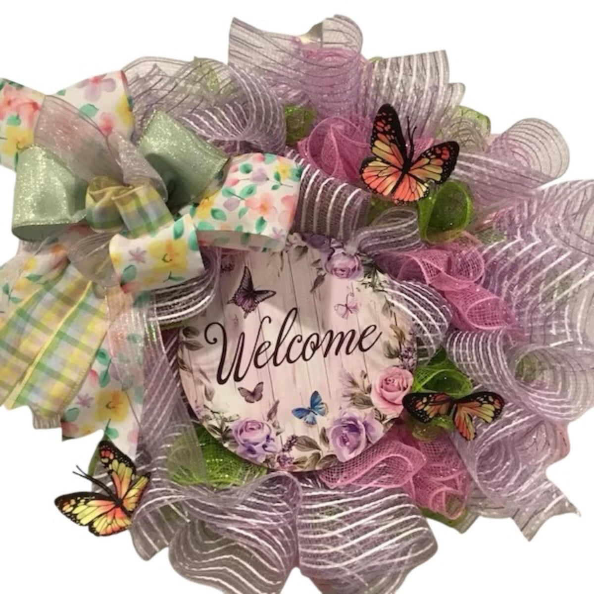Spring Butterfly Wreath, Pink Green Purple Stripes, Mother's Day Decor