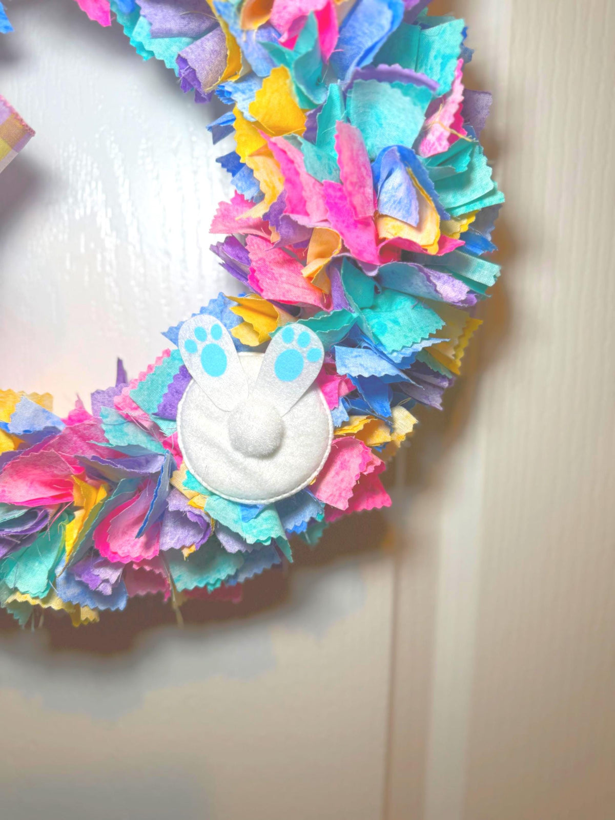 Handcrafted Pastel Rag Wreath, Easter Bunny, Spring Farmhouse Decor