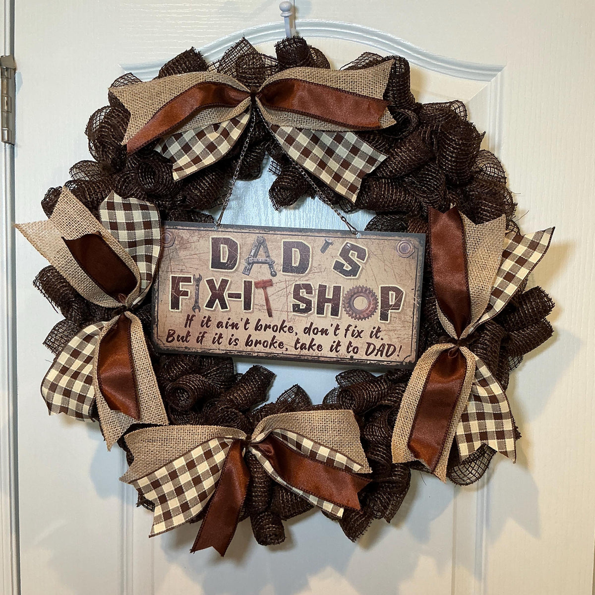 Fix-It Shop Sign Wreath, Dad’s Workshop Father’s Day Man Cave Decor, Handmade Brown Buffalo Check