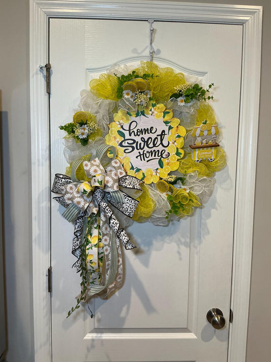 Lemon Deco Mesh Wreath, 18 Inch Home Sweet Home Sign with Daisy Bow