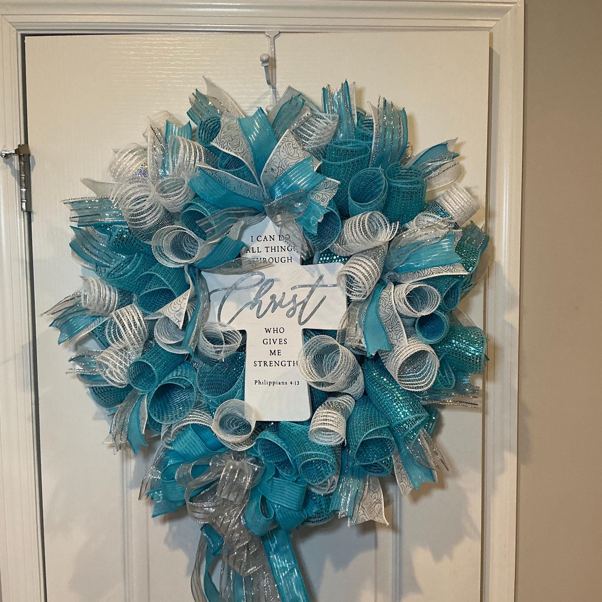 Philippians 4:13 Cross Wreath, Teal Silver Faith Scripture Decor, Christian Church Gift