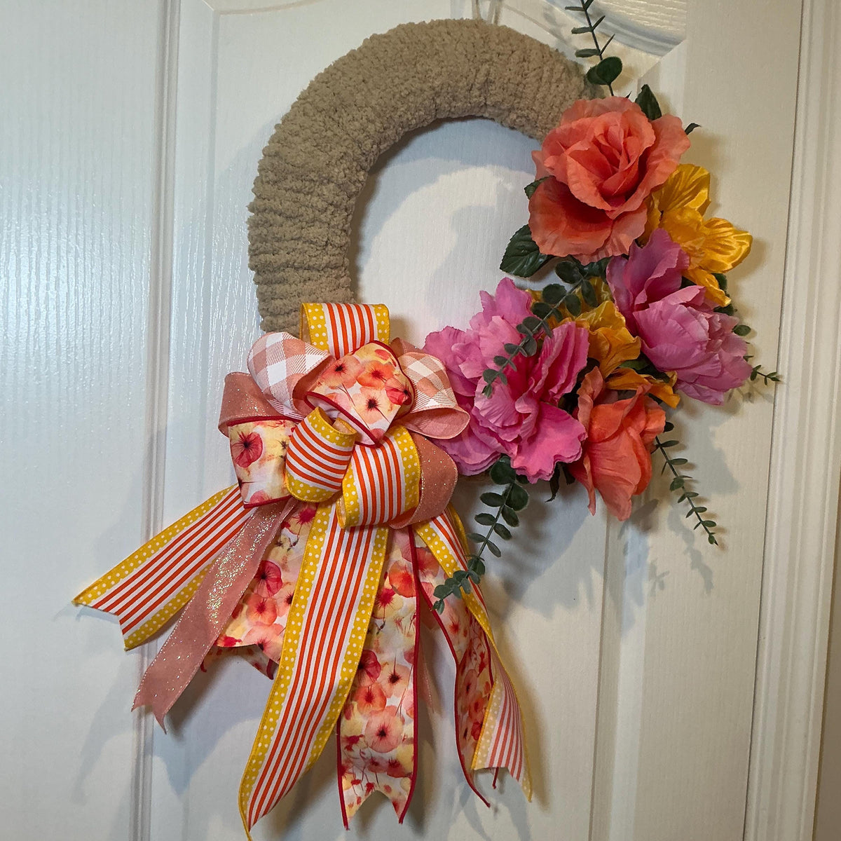 Coral Peony Chunky Yarn Wreath, Pink Yellow Spring Floral Decor, Farmhouse Front Door Wreath, Housewarming Gift, Handmade Summer Door Hanger