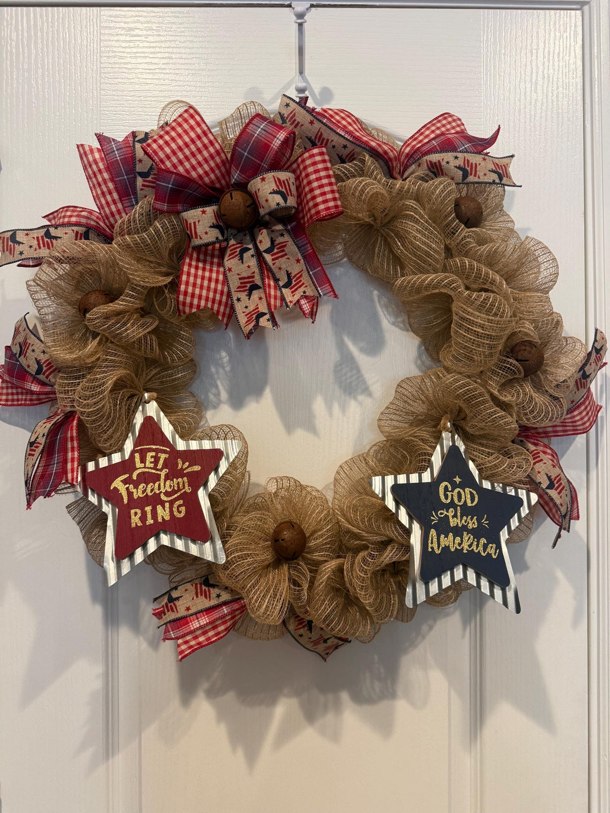 Rustic Americana Front Door Wreath, Fourth of July Wreath, God Bless America, Let Freedom Ring, Burlap Farmhouse, Jingle Bells, 18 Inch
