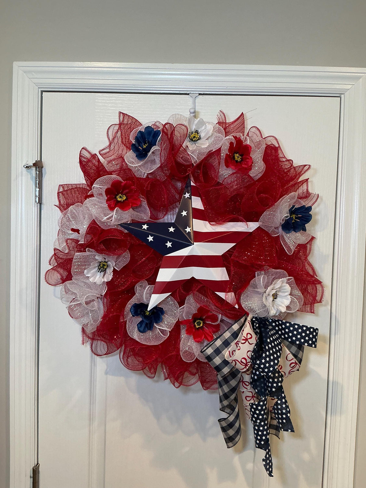 Red White Blue Star Wreath, Fourth of July Front Door Decor, American Flag Deco Wreath, Patriotic Star Sign, Handmade NC
