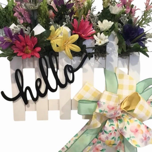 Hello Spring Picket Fence Door Hanger with Florals and Gingham Bow