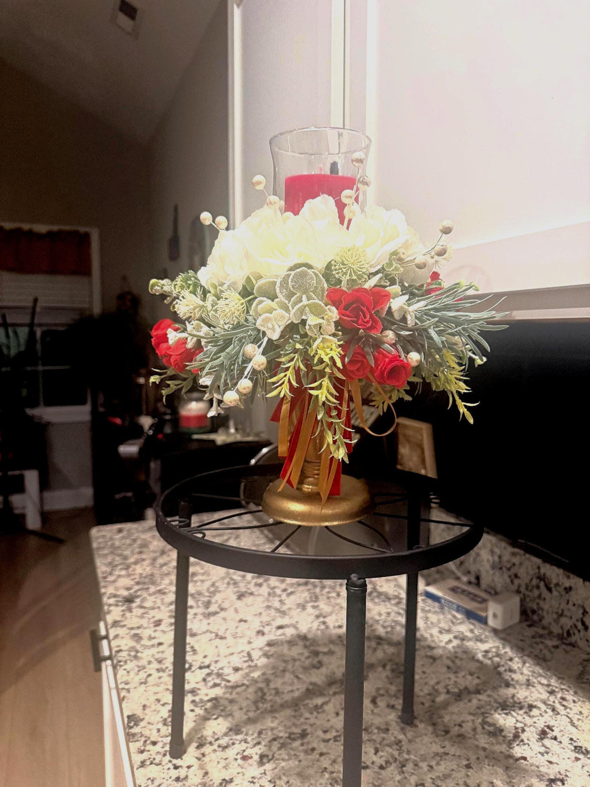 Vintage Valentine Candle Centerpiece: Red Roses, Pearl Berries